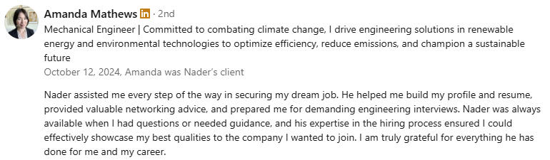 Mechanical Engineer Career Coaching Client Review